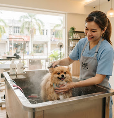 Groomer bathing a small dog in the salon